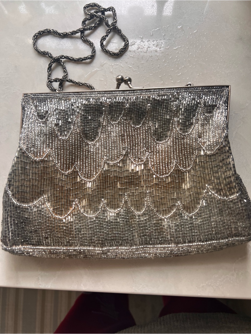 La Regale Silver Sequin Crossbody Evening Bag with Chain Strap